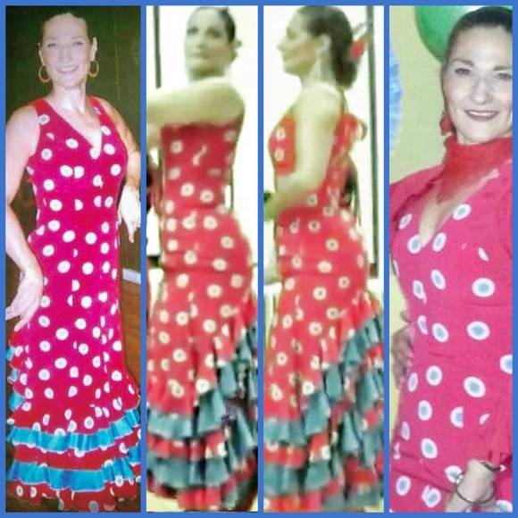 Red and Blue Flamenco Dress Handmade in Spain - zipper back, v-neck, sleeveless - Picture 16 of 16